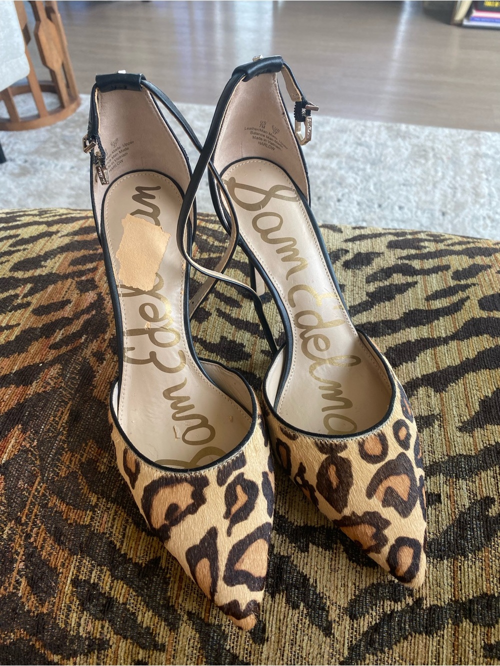 Sam Edelman Leopard Pointed Toe Ankle Strap Pumps - Black & Tan